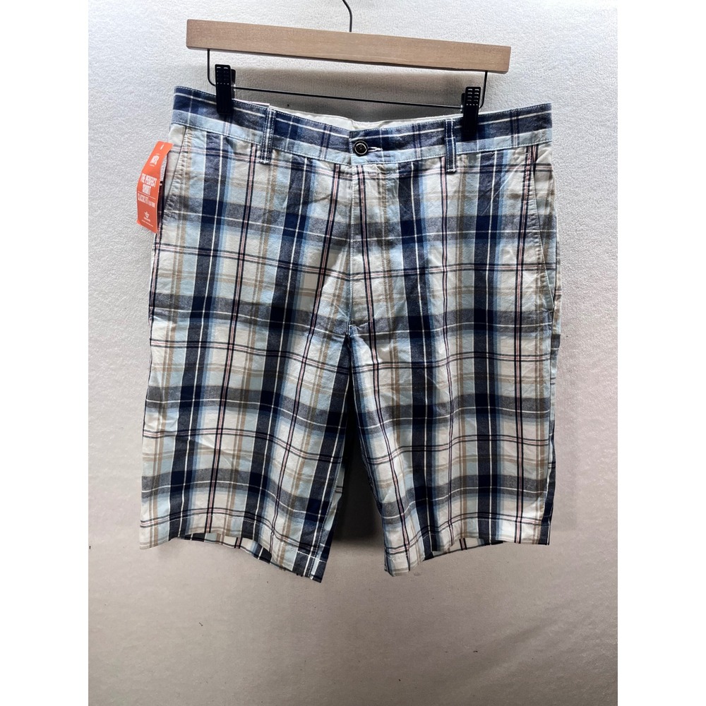 Dockers Pacific Collection The Perfect Short Plaid Blue Tan Mens 32 3160